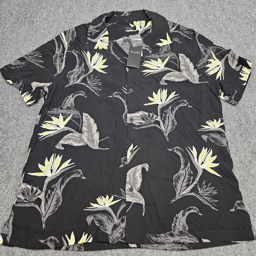 Truth by Republic Shirt Large Hawaiian Black Yellow Viscose Soft Light‎ Resort